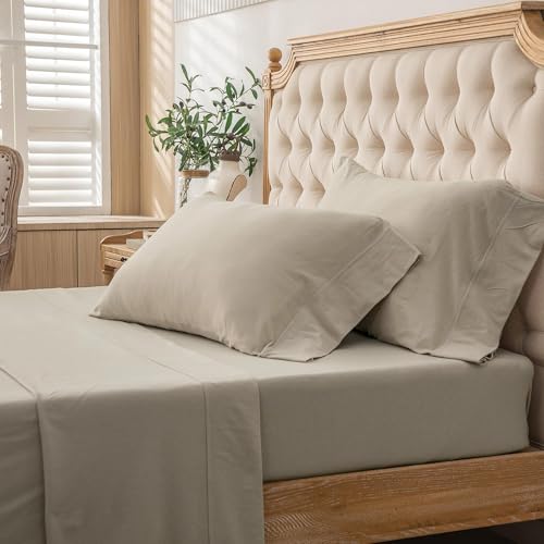 PURE ERA Jersey Knit 3pcs Bed Sheet Set 100% T-Shirt Heather Cotton Super Soft Comfy Breathable Fits Mattress Up to 20" Extra Deep Pocket (Dark Beige,Twin XL)