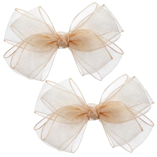 Qianyu 2 lazos dobles de organza de 5.9 pulgadas para el pelo, pinzas de cocodrilo, accesorios para el cabello para niñas, niños y adolescentes, de malla, antideslizante, con nudo en el centro, clip