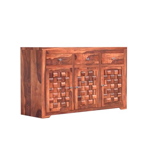 Image of Krishna Wood Decor Sheesham Wood Sideboard Cabinet with 3 Drawers & 3 Door Storage | Wooden Storage Unit for Living Room Dining Room | Solid Wood Organizer Furniture with Modern Design | Honey Finish