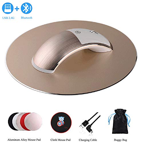 Hi-azul Ratón Inalámbrico de Modos Dobles (USB 2.4G+Bluetooth) Ergonomía Ratón Inalámbrico Recargable Ratón Bluetooth Ratón Sin Aleación de Aluminio (Oro)