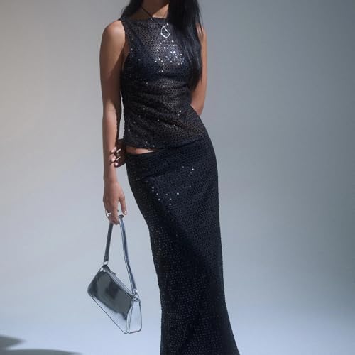 Women Sexy Sequin Tank Top Y2k Sleeveless Crop Going Out Rave Vest Shinny Slim Fit Sparkle Glitter Camisole for Club (A-Black, M) - Image 2