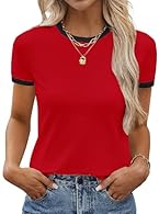Material: Crew neck t shirts for women is made of cotton fabric, stretchy, breathable and comfortable to wear Design: Women t shirt is features with contrast trim binding on the collar and the sleeves, short sleeve shirt, classic round neck, color bl...