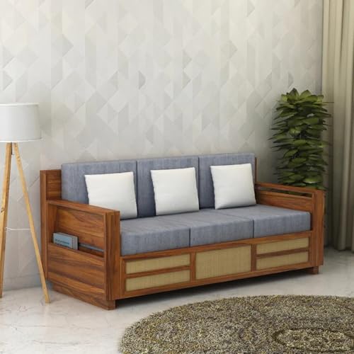 Image of 3 Seater Wooden Sofa for Home and Furniture Premium Upholstery Modern and Durable Design for Living Room and Office - Grey