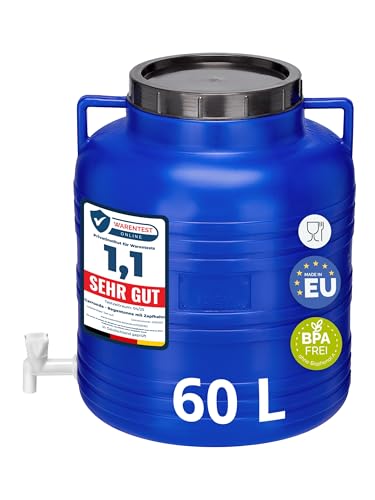 Garronda 60 litros Barril BPA-Libre con Grifo Boca Ancha, Depósito de Agua con Tapa, Ideal para Sauerkraut, Barril de Salmuera para Carne, Tonel de Lluvia, Cuba de Agua GD-0090, Azul