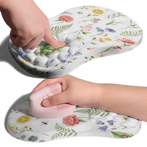Image of Ergonomic Joint Wrist Support Mouse Pad with Memory Foam Cushion Massage Bump, Carpal Tunnel Pain Relief Mousepad Slope Design for Wrist Rest, 11.8x7.9 in, Bee Butterfly Flower