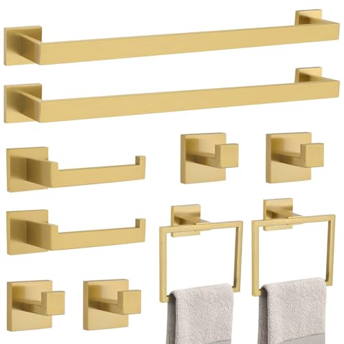 10-Piece Bathroom Hardware Accessories Set-Brushed Gold Towel Bar, Holder & Racks-SUS304 Stainless...