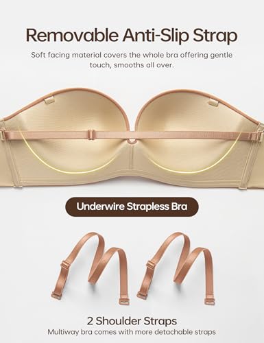 Image of Wingslove Strapless Bra Push Up for Women Underwire Half Backless Bra with Removable Straps Seamless Padded Support