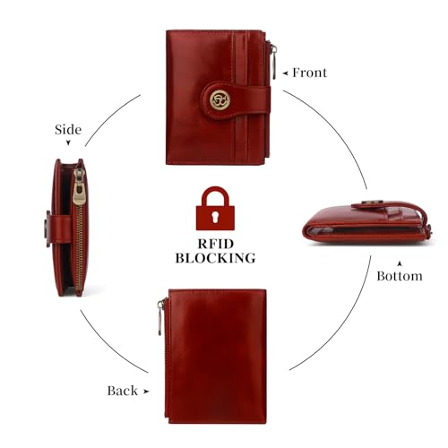 Image of Leather Wallet Women,RFID Blocking Slim Compact Card Holder with Zipper Coin Pocket,Top Grain Cowhide Bifold Women's Wallet(winered)