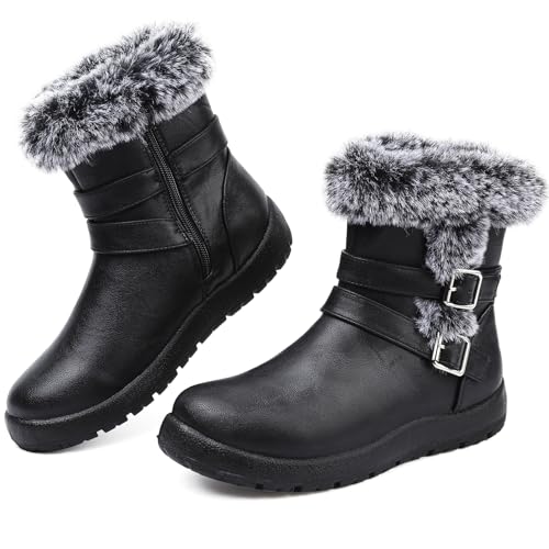Chaoslook Womens Snow Boots with Zipper Waterproof Leather Fur Lined Winter Warm Boots for Women Comfortable Platform Fashion Ankle Booties Black PU Size 10