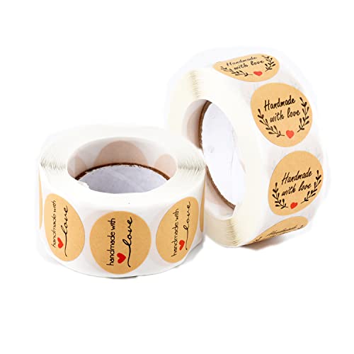 Wanglaism 1000 pièces Kraft Papier Autocollants"Handmade with Love" Rond Étiquette Adhésives Fait À La Main avec Amour Sticker Etiquette pour les Emballages Cadeaux Enveloppes(500 Pièces/Rouleau) Cover