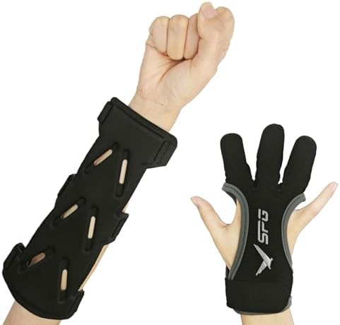 Archery Arm Guard Set, Adjustable Protective 3-Strap, Archery Forearm Protector and L Three-Finger Glove, Adult Unisex Archery Arm Guard Set, Adjustable Protective 3-Strap, Archery Forearm Protector and L Three-Finger Glove, Adult Unisex