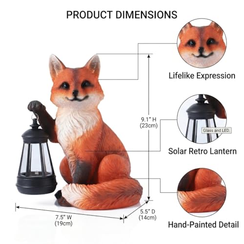 Scoomor Solar Fox Garden Statue, 9 Inch Resin Animal Figurine with Lantern, Outdoor Solar Light Decor for Patio, Yard, Porch, Walkway, Lifelike Woodland Fox Sculpture for Garden Art (Red) - Image 7