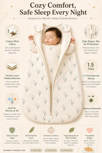 Image of TuddyBuddy Baby Cotton Wearable Quilted Sleeping Bag Blanket 1.5 Tog with 1 Way Zipper Closure | Ideal for Babies & Kids Hypoallergenic Fabrics | (Green Tulips AOP - Beige, 6-12 Months)