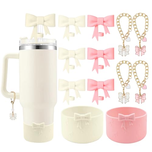 Hpebl Cup Accessories Set for Stanley,Including 6Pcs Cute Bow Straw Cover Caps 10mm Reusable Straw Toppers,2Pcs Silicone Boot Sleeve and 4Pcs Handle Charm for Stanley Tumbler 30&40oz,Pink&Beige