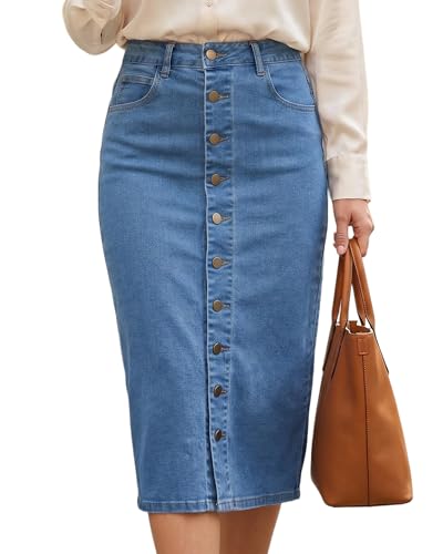 Flvsun Women's Midi Skirt Button Down Centre Slit Denim Skirt Light Blue XL