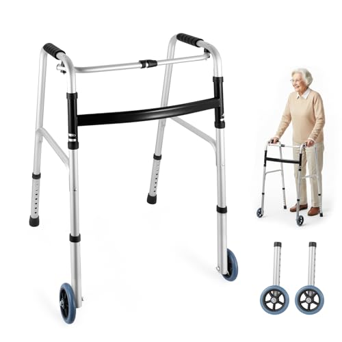 GreenWhim Folding Aluminium Walking Frame with 2 Wheels Lightweight Zimmer Walker Adjustable Height One-Button Fold Mobility Aid