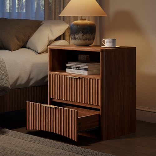 Image of Evermagin Fluted Nightstand Set of 2 with Charging Station, Walnut Bedside Table with 2 Drawers, Wood End Table with Storage Mid Century Modern, Large Night Stand for Bedroom