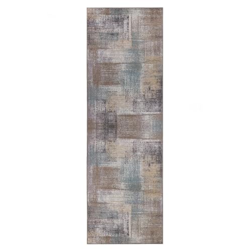 SUPERIOR Patchwork Washable Rug, Cotton Backing, Carpet for Dining Table Mud Room, Easy Care, Non-Slip Rug for Family, Dining, Low Pile Area Rug, Ara Collection, 2' 7" x 12', Taupe
