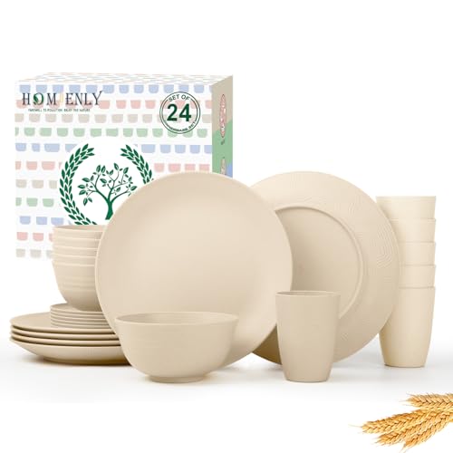 Image of Homienly 24 PCS Premium Wheat Straw Dishes Set for 6, Reusable Plates and Bowls Sets,Cups,Lightweight & Unbreakable Dishwasher and Microwave Safe Dinnerware Sets for Kitchen,Outdoor- Beige