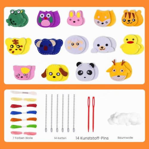 Leikedun Nähset für Kinder, 14 Stück DIY Filz Tier Bastelset mit Füllwatte, Nadeln und Gefüllte Filz Plüsch Ornamente, Nähen Lernen für Anfänger, Komplettes Set zum Tiere Nähen für Kinder ab 6 Jahren – Bild 3