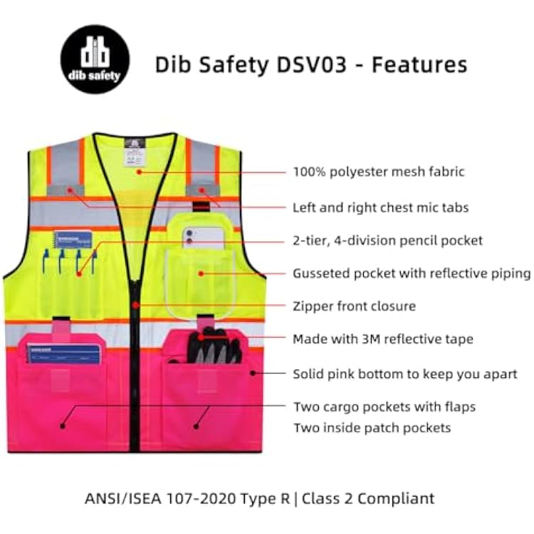 Dib Safety Vest Reflective with Pockets and Zipper, High Visibility Mesh ANSI Class 2, Made with 3M Reflective Tape, Yellow and Pink Small