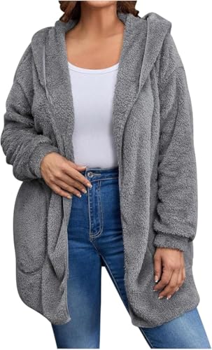Image of Women's Sherpa Fuzzy Jacket Hoodie Open Front Fleece Hooded Jackets Cardigan Warm Outerwear Fall Coat with Pockets