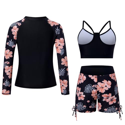 Image of Funnycokid Girls Swimsuit 3 Pieces Zip Rash Guard Bathing Suits Set Kids Bikini Boyshort Summer Swimwear 3-14 Years