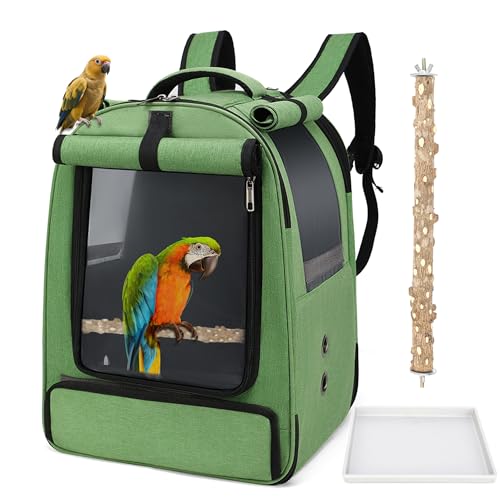 ALLSOPETS Vogelrucksack Leicht und Atmungsaktiv Tragbarer Papageiträger für Kleine Tiere mit Ständer Verstellbarer Höhe und Sichtfenster ideal für Reisen (Waldgrün)