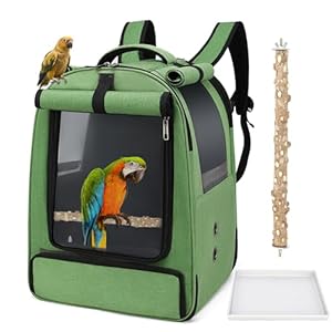 ALLSOPETS Vogelrucksack Leicht und Atmungsaktiv Tragbarer Papageiträger für Kleine Tiere mit Ständer Verstellbarer Höhe und Sichtfenster ideal für Reisen (Waldgrün)