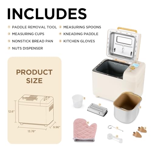 Neretva Bread Machine, 2.2LB 15-in-1 Bread Maker, Dual Heater Breadmaker Machine with Auto Nut Dispenser & Nonstick Ceramic Pan, Bread Maker Machine for Gluten Free, Dough Maker, Sourdough, Yogurt