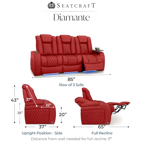 Image of Seatcraft Diamante Red Italian Leather Home Theater Seating, Zero Gravity Power Recliner Gaming and Home Office Chair, Powered Headrest Lounge Sofa Furniture for Cinema Room, Row of 3 Sofa
