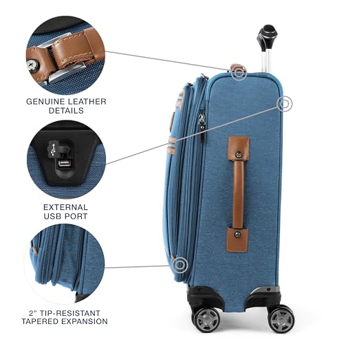 Image of Travelpro Platinum Elite Softside Expandable Carry on Luggage, 8 Wheel Spinner Suitcase, USB Port, Suiter, Men and Women, Coastal Blue, Carry On 21-Inch