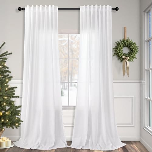 White Linen Curtains 84 Inch Length for Living Room 2 Panel Back Tab Loop Pocket Drape Cotton Textured Light Filtering Semi Sheer Lightweight Curtain...