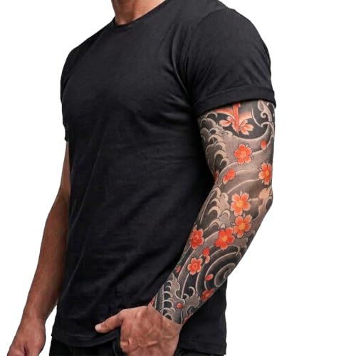 INKARTLINK Tattoo Arm Sleeves, Cherry Blossom Fake Tattoos Sleeves to Cover Arms Sun Protection, Waves Body Art Stockings Protector for Men and Women