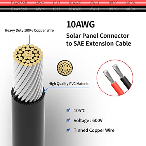 ELFCULB 10AWG 3.3FT Solar Connector to SAE Adapter 2 3.3 10 20 35 50 FT SAE Solar Panel Extension Cable with SAE Polarity Reverse Adapter for Solar Panels Car Battery Charger Kit