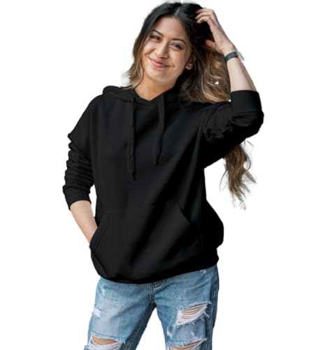Image of Women's Black Fleece Hoodie Oversized Fit Soft Warm Winter Hooded Sweatshirt with Kangaroo Pocket