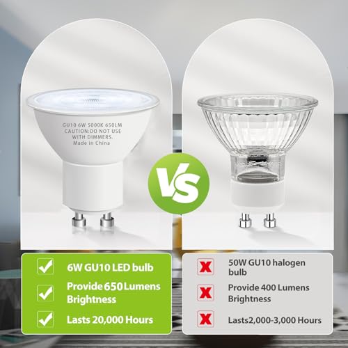 Image of 10 Pack GU10 Led Bulb 6W Equivalent 50W, MR16 Led Bulb 5000K Daylight White Led Bulbs, 650 Lumens, Non-Dimmable, GU10 Base, 2 Prong Track Energy Saving Light Bulbs for Kitchen, Living Room, Bedroom