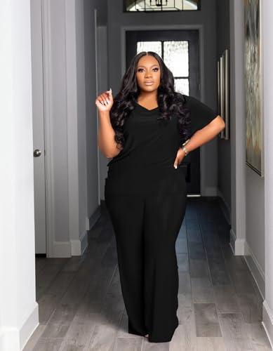 TOPSRANI Womens Plus Size Lounge Set V-Neck 2 Piece Outfits Sweatsuits Tracksuit Short Sleeve Baggy Wide Leg Pant Sets4