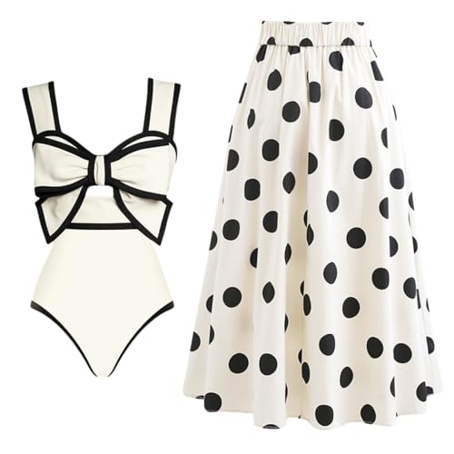 Women's 2 Piece Swimwear A Line Long Dress with 3D Bow Knot & Polka Dot Pattern4