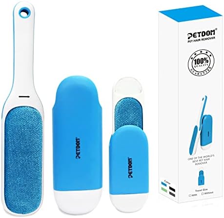 PETDOM Pet Hair Remover Brush - Integrated Sturdy Handle & Self Cleaning Base - Cat Dog Fur Lint Removal Brush for Clothes Furniture (Blue, Travel Size Include)