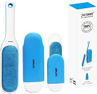 PETDOM Pet Hair Remover Brush - Integrated Sturdy Handle & Self Cleaning Base - Cat Dog Fur Lint Removal Brush for Clothes Furniture (Blue, Travel Size Include)