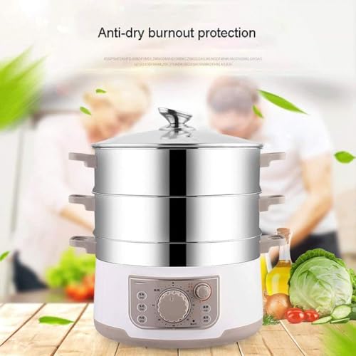3-poziomowy wielofunkcyjny garnek do gotowania na parze ze stali nierdzewnej – energooszczędny 1500 W, 13 l, minutnik 60 minut, 3 wyjmowane miski na mięso, pierogi, ryż – kompaktowe przechowywanie
