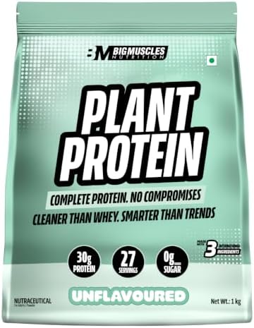 Bigmuscles Nutrition Clean Plant Protein | 30g Pea & Rice Protein Isolate Per Serve (1kg, Unflavoured) | Complete Amino Acid Profile | Easy Digestion & Non-Chalky