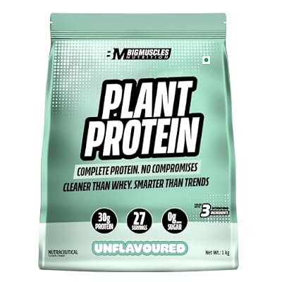 Bigmuscles Nutrition Clean Plant Protein | 30g Pea & Rice Protein Isolate Per Serve (1kg, Unflavoured) | Complete Amino Acid Profile | Easy Digestion & Non-Chalky