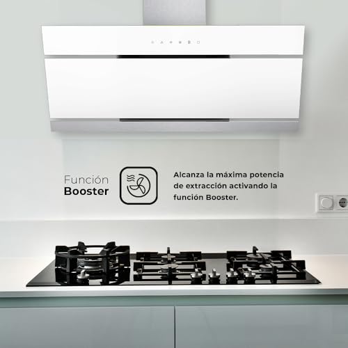 Svan Campana Extractora Inclinada 90cm Cristal blanco SVCC1960B. Potencia 600m3/h, Tiro Doble, 3 Velocidades, Control Táctil, Filtro apto para Lavavajillas.