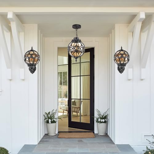 Dusk to Dawn Globe Outdoor Pendant Lights for Porch Garage, Black Round Aluminum Anti-Rust Hanging Lighting Fixture, Industrial Exterior Ceiling Lantern Light with Amber Glass, 2 Pack