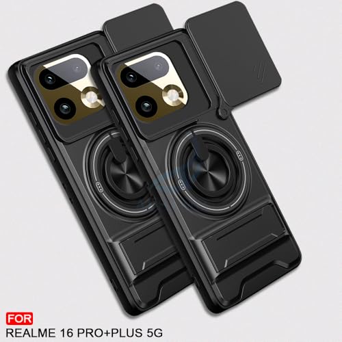 Image of AESTMO Realme 16 Pro Plus 5G Back Cover | Armor Camera Slider 360 Degree Rotating Finger Ring Holder Case with Bracket Stand Back Case Cover (Compatible with MagSafe Accessories) (Black)