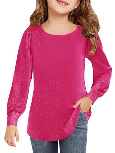 Image of Haloumoning Girls Puff Long Sleeve Shirts Fall Tops 5-14Y | Casual,Solid Color,Crewneck, Soft, Tunic Tops Blouse,Kids Long Sleeve T Shirt,,Fashion Clothes