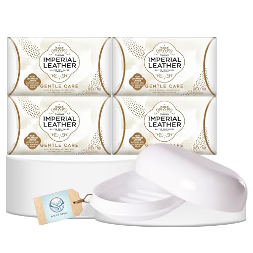 Imperial Leather Bar Soap Gentle Care Laundry White Cream Gentle Bath Soaps & Hand Wash Natural Bars Multipack (4 x 90g) with Portable Soap Tray with Lid Long-Lasting Skincare & Everyday Wash
