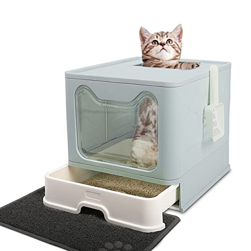Foldable Cat Litter Box with Lid, Extra Large Covered Cat Litter Box with Litter Mat and Scoop, Enclosed Kitty Litter Box, Easy to Clean Litter Pan (Blue)